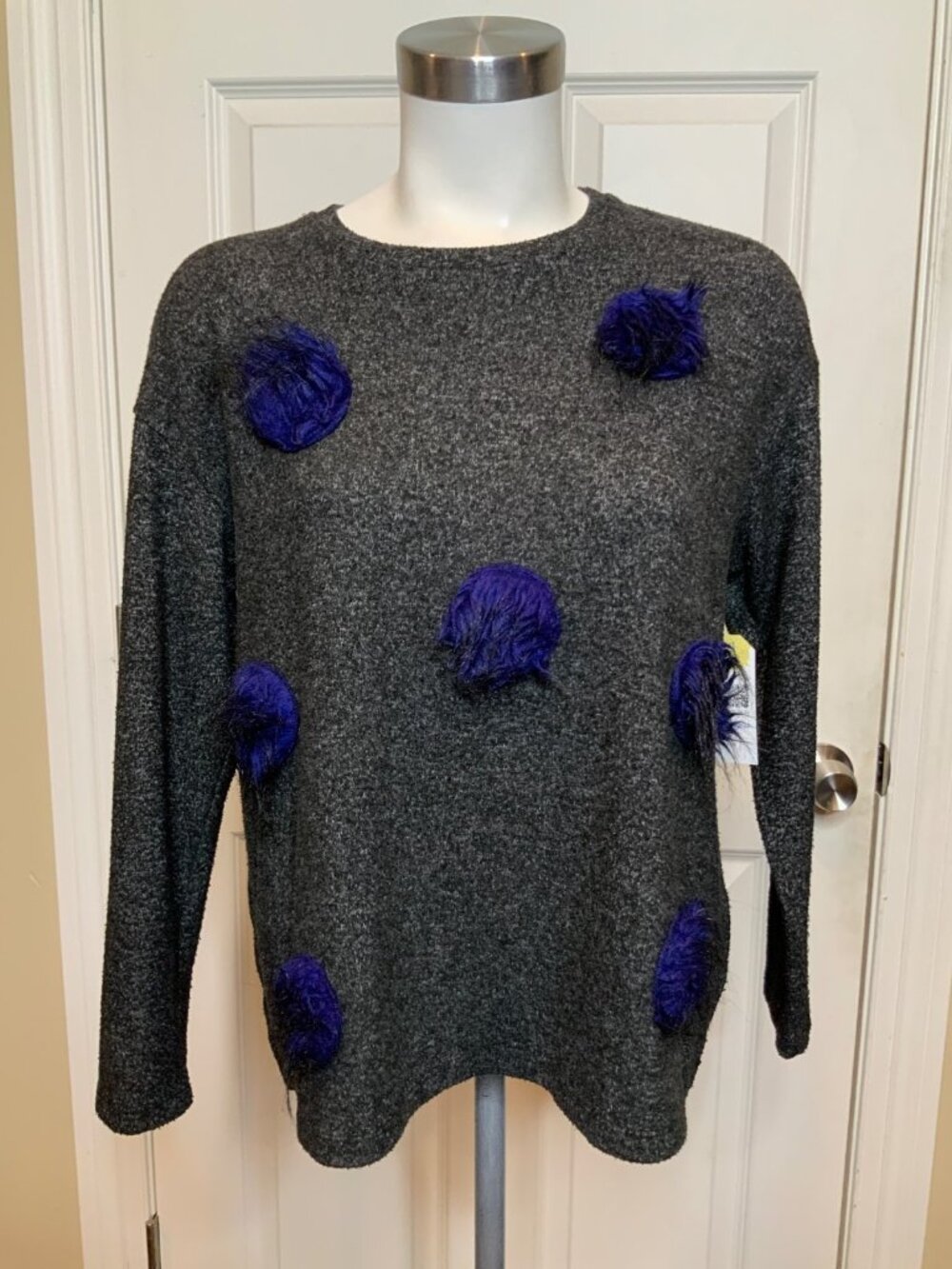 Zara Dark Gray Sweater Blue Fuzzy Polka Dots, Size M